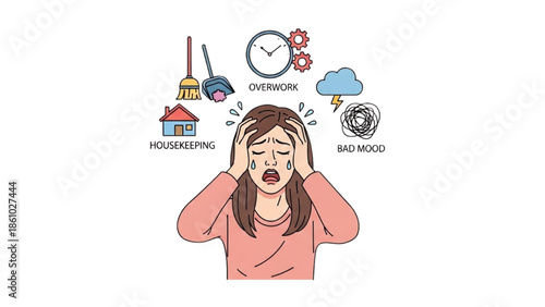 Woman Experiencing Stress and Anxiety from Various Life Pressures Illustrated in a Cartoon