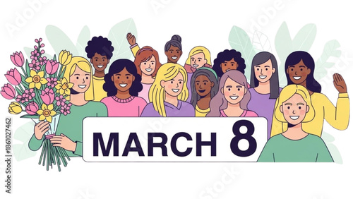 Diverse Women Celebrating International Women's Day Together with Flowers