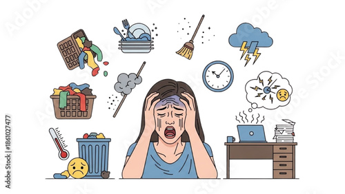 A stressed woman surrounded by chaotic household chores and office work amidst a stormy weather outside