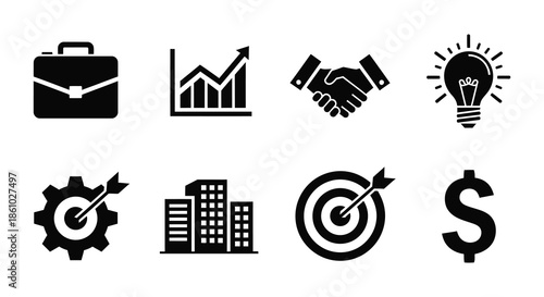 Business icons representing success growth strategy and finance in a dark silhouette