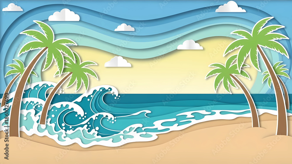 Obraz premium Paper cut style tropical beach with palm trees and ocean waves