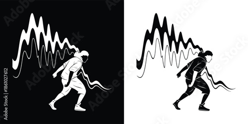 A black and white illustration of a person running with a wave behind them, creating a dynamic and visually striking composition