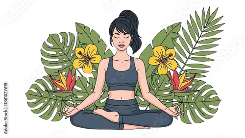 Serene woman meditating amidst lush greenery and vibrant flowers in a peaceful environment
