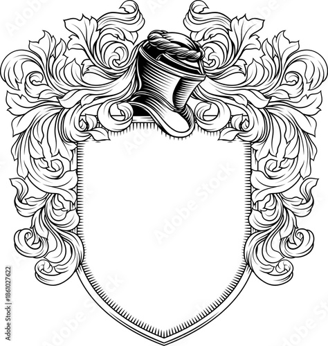 Coat of arms crest knight family medieval shield heraldry heraldic armorial motif. Featuring a knights helm helmet in a vintage etching engraving woodcut style