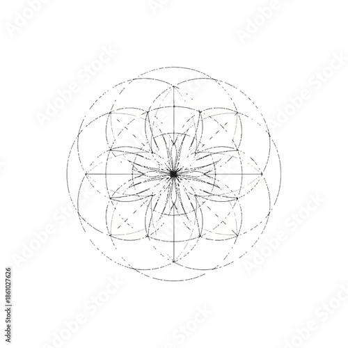 Intricate radial mandala-inspired geometric pattern with interlocking circles and delicate linework on a white background.