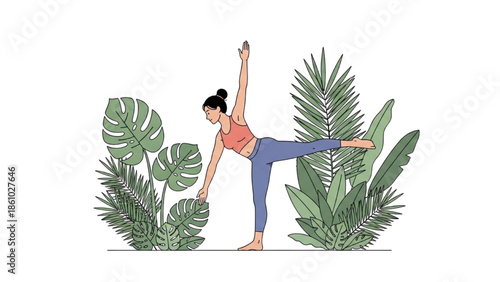 A woman practices yoga in a serene environment surrounded by lush greenery and tropical plants.