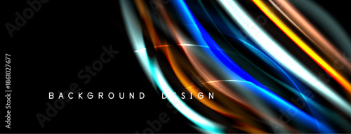 Abstract neon lines create dynamic flow. Dark background emphasizes vibrant colors, modern design element.