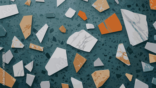 A vibrant mosaic artwork featuring terrazzo, marble, and stone fragments in a textured, abstract design