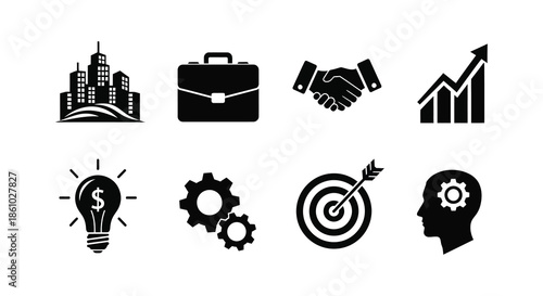 Business icons representing success growth strategy and innovation displayed as a striking silhouette