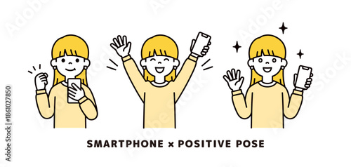 スマートフォンを手に、ポジティブな表情・ポーズをする若い女性のベクターイラスト素材セット