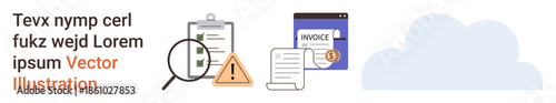 Document management, business compliance, financial tracking, error warning, cloud storage, data visualization. Features a clipboard checklist, magnifying glass, alert icon invoice document