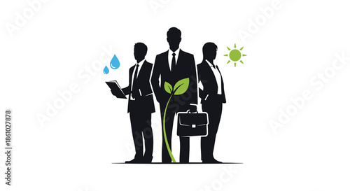 Business professionals with a growing plant representing sustainable growth and corporate responsibility silhouette