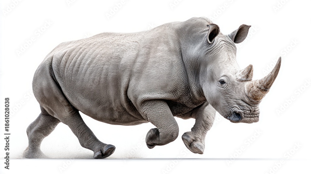 Obraz premium A powerful white rhinoceros charging forward on a clean white background