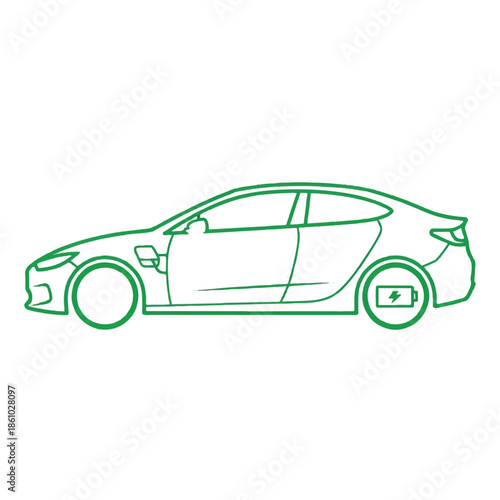 Side profile line drawing of a modern sedan car in green outline.