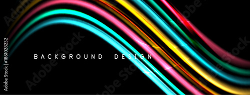 Abstract flowing lines, vibrant colors over black background. Modern design element, dynamic wave pattern. Smooth gradients create visual interest.