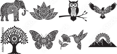 Set of decorative mandala animal and nature vector silhouettes