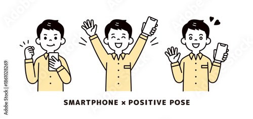 スマートフォンを手に、ポジティブな表情・ポーズをする男性・社員のベクターイラスト素材セット
