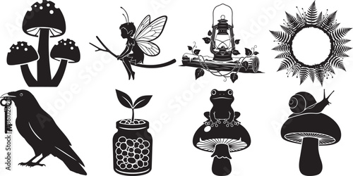 Set of magical forest and nature element vector silhouettes