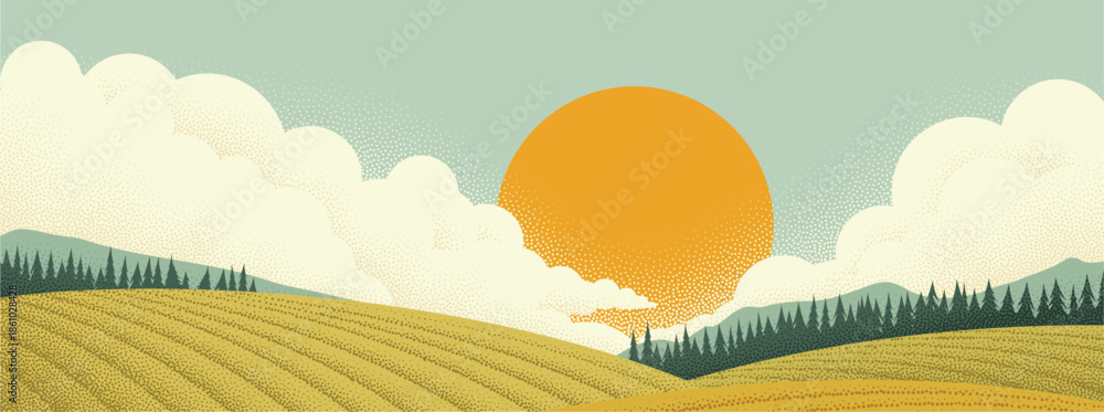Obraz premium Fields rolling hills and mountains farm landscape background illustration with countryside mountains, sunrise sun, clouds and trees. Original rural background drawing in vintage pointillism dot style