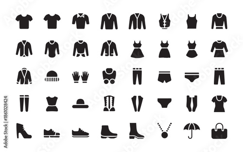 Collection of minimalist clothing and accessories icons displayed on a white background