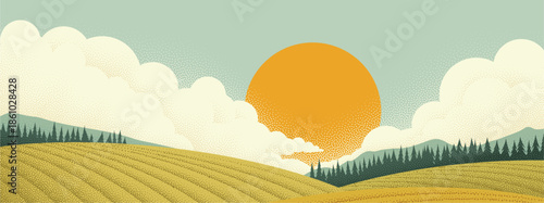 Fields rolling hills and mountains farm landscape background illustration with countryside mountains, sunrise sun, clouds and trees. Original rural background drawing in vintage pointillism dot style