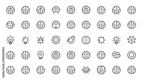Collection of black and white brain icons with various symbols inside, representing different concepts and ideas.