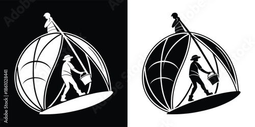 A vintage illustration of a man inside a diving bell, isolated on white background, in a black and white hand drawn illustration