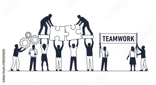 A group of people collaborating to build a puzzle representing successful teamwork silhouette