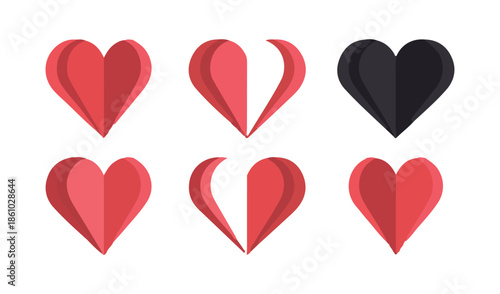 Paper Cut Heart Icons Set. red and Pink Colors, vector illustration eps 10