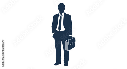 A distinguished businessman stands with a briefcase sharply defined in a dark silhouette