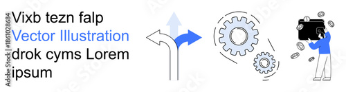 Business growth, decision-making, economic strategy, innovation processes, workflow, financial management. Arrows, gears and a person with falling coins. Business growth and decision-making concept