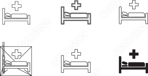 Hospital bed sign icon set in thin line bold rounded geometric and silhouette styles representing inpatient care ward room medical facility signage