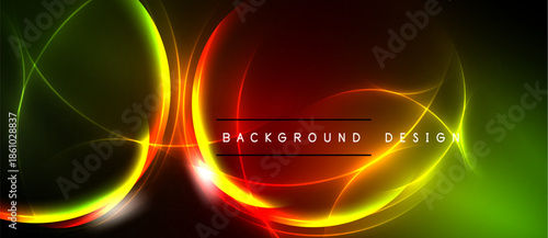 Vibrant neon curves dominate dark background. Red, green, yellow hues blend creating dynamic visual effect. Modern design element.