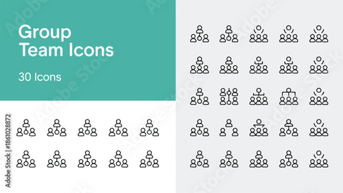 A collection of minimalist line art icons representing a group team in various configurations