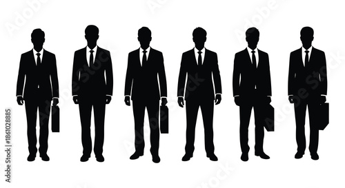 a row of suited business people walking with briefcases in black silhouette