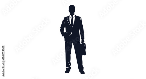 A formal business professional stands confidently with a briefcase in a dark silhouette