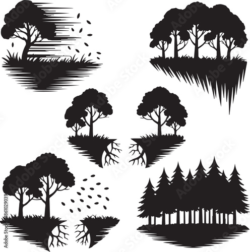 black silhouettes of trees on grassy patches