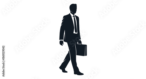 A sharply dressed businessman walking with a briefcase a striking black silhouette
