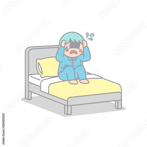 Anxious Child in Pajamas Sitting on Bed, Stressed and Worried