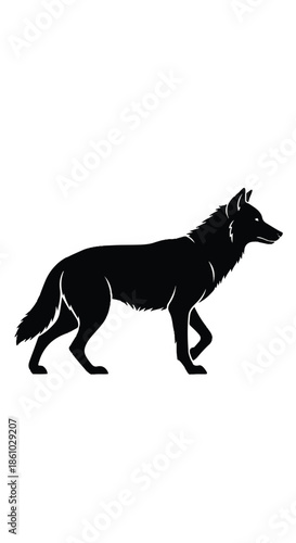 Silhouette of a black dog walking in profile against white background with smooth lines and minimalistic contrast.