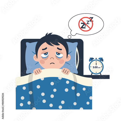 Tired Boy Can't Sleep in Bed, Insomnia Concept, Alarm Clock at 3 AM