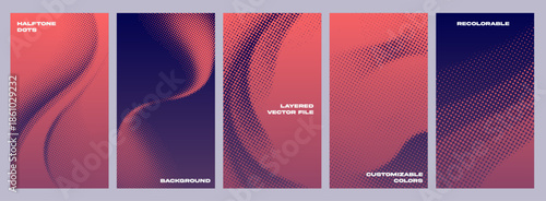 Halftone Dot Dither Poster Templates Set with Soft Coral Pink and Midnight Blue Flowing Motion
