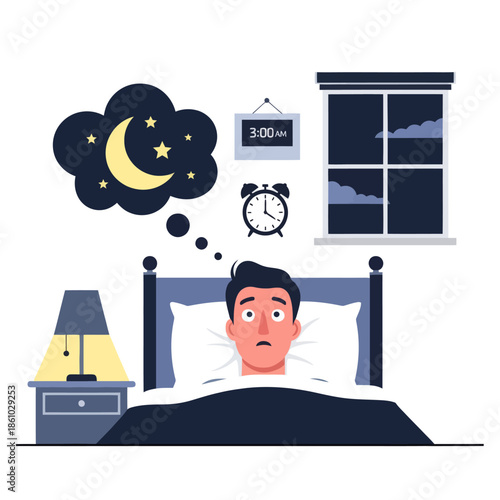 Man suffering from insomnia, lying awake in bed at night, thinking of the moon and stars.