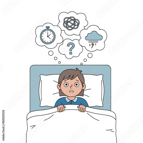 Anxious person in bed at night, thinking about problems, stress, time, confusion, bad weather