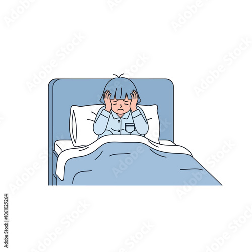 Child in Bed Feeling Anxious or Sick, Holding Head, Illustration