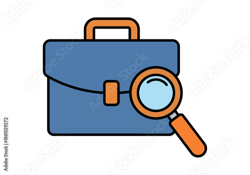 Maletín de negocios azul con una lupa naranja superpuesta para representar la búsqueda de empleo