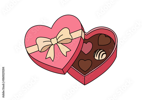 Caja de bombones con forma de corazón rosa abierta y decorada con un lazo elegante