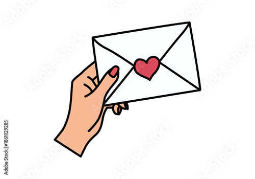 Mano femenina sosteniendo un sobre blanco con un sello de corazón rojo