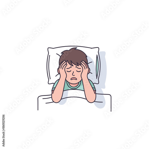 Boy suffering from headache in bed, stressed and anxious, insomnia concept