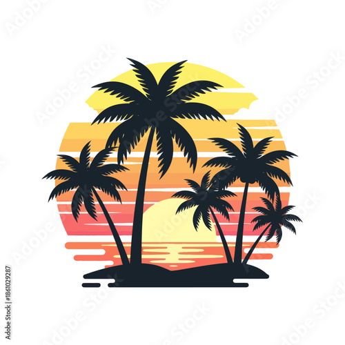 Tropical Sunset Silhouette Palm Trees Ocean Island Vector Art